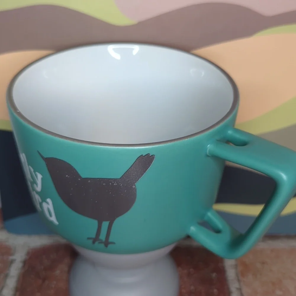Turquoise Teal Early Bird Stoneware Wide Mouth Mug or Soup‎ Cup with Grey Bird